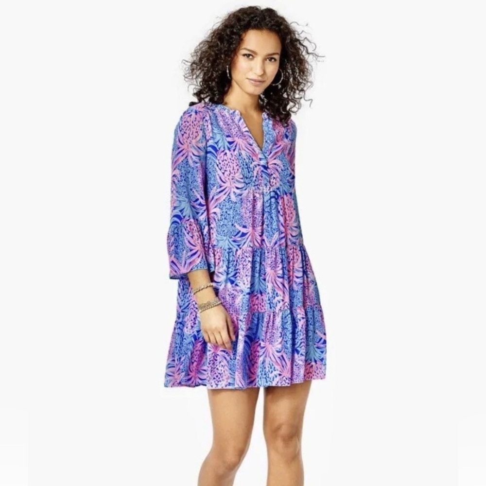 Lilly Pulitzer Gabriel Lileeze Tunic Dress - Borealis Blue Tropic Down Low Sz 14
